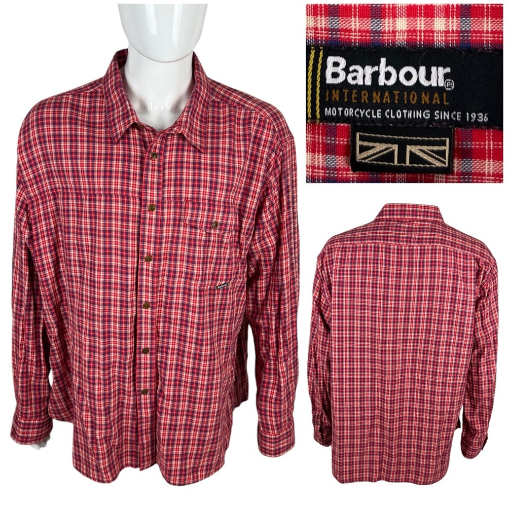 Barbour Mens 2XL Shirt International Plaid Long Sleeve 100% Cotton Red Cream EUC